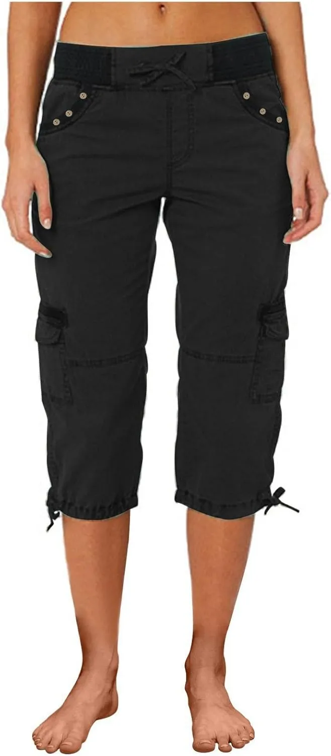 Women's Woven Cargo Capri Jogger Pants Casual Elastic Waist Cropped Pants Knee Casual Palazzo Trousers with Pockets