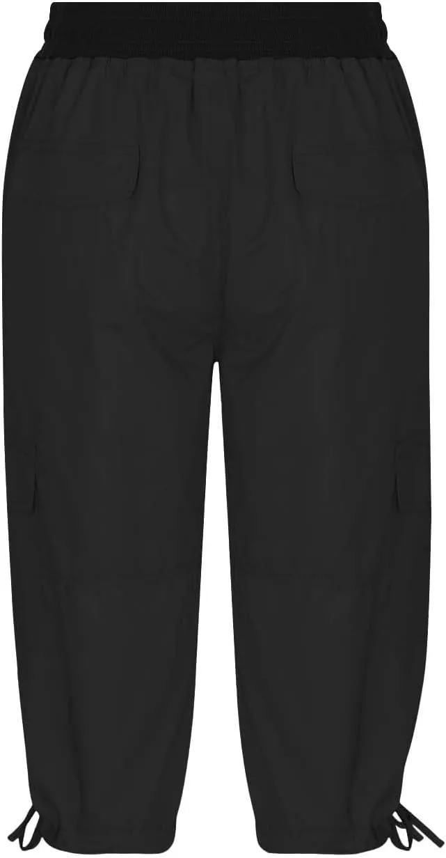 Women's Woven Cargo Capri Jogger Pants Casual Elastic Waist Cropped Pants Knee Casual Palazzo Trousers with Pockets