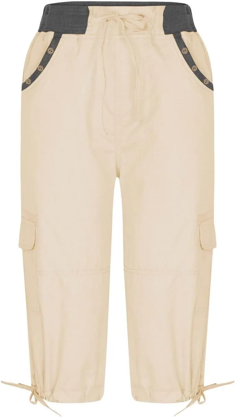Women's Woven Cargo Capri Jogger Pants Casual Elastic Waist Cropped Pants Knee Casual Palazzo Trousers with Pockets