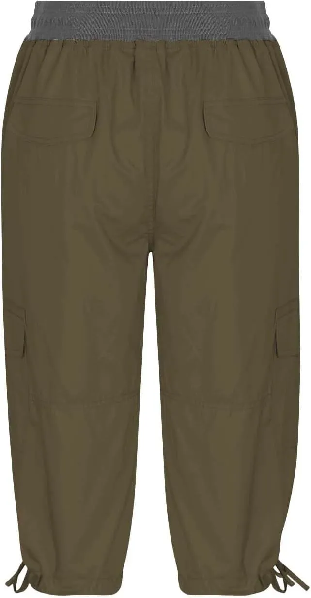 Women's Woven Cargo Capri Jogger Pants Casual Elastic Waist Cropped Pants Knee Casual Palazzo Trousers with Pockets