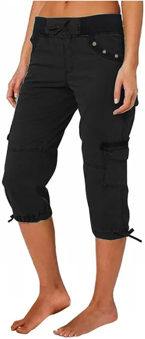 Women's Woven Cargo Capri Jogger Pants Casual Elastic Waist Cropped Pants Knee Casual Palazzo Trousers with Pockets