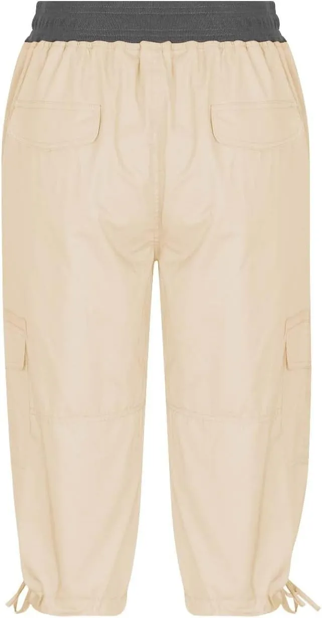 Women's Woven Cargo Capri Jogger Pants Casual Elastic Waist Cropped Pants Knee Casual Palazzo Trousers with Pockets