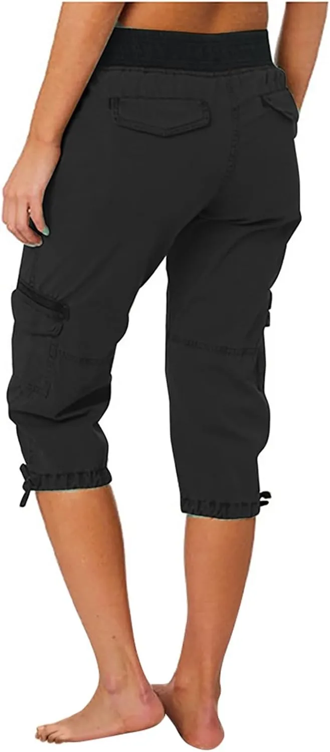 Women's Woven Cargo Capri Jogger Pants Casual Elastic Waist Cropped Pants Knee Casual Palazzo Trousers with Pockets