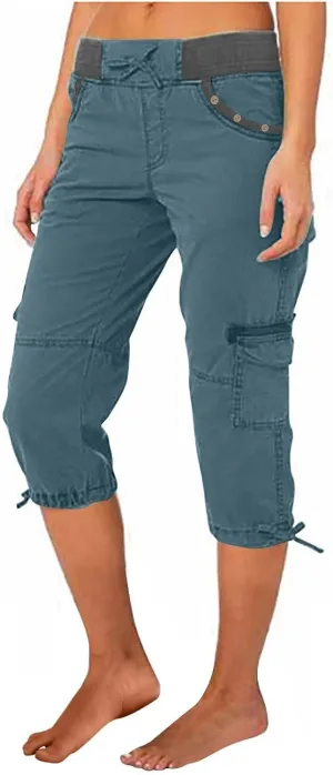 Women's Woven Cargo Capri Jogger Pants Casual Elastic Waist Cropped Pants Knee Casual Palazzo Trousers with Pockets