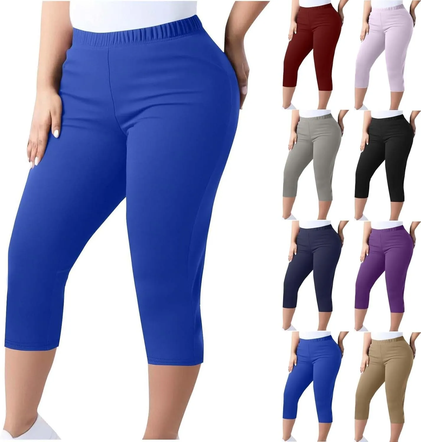 Women's Woven Cargo Capri Jogger Pants Casual Elastic Waist Cropped Pants Knee Casual Palazzo Trousers with Pockets