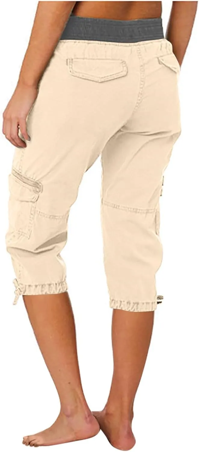 Women's Woven Cargo Capri Jogger Pants Casual Elastic Waist Cropped Pants Knee Casual Palazzo Trousers with Pockets