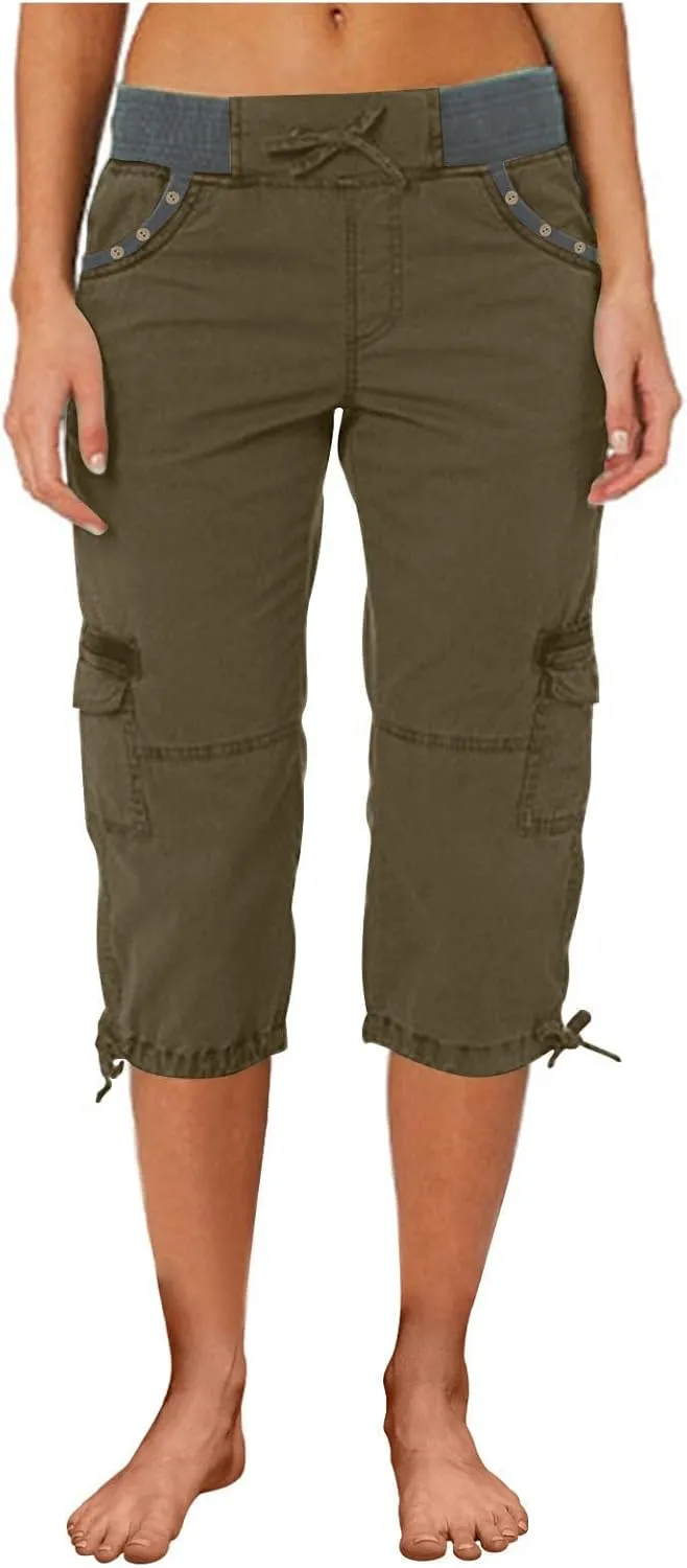 Women's Woven Cargo Capri Jogger Pants Casual Elastic Waist Cropped Pants Knee Casual Palazzo Trousers with Pockets