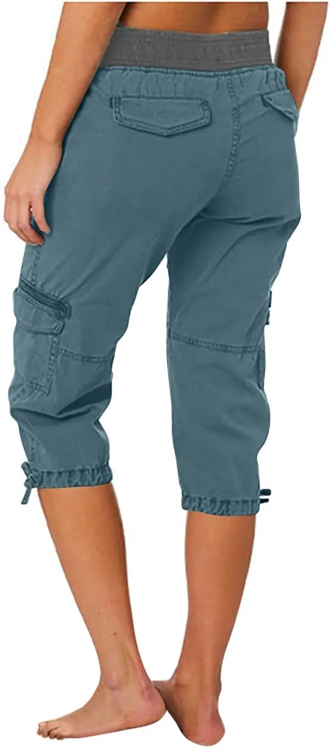 Women's Woven Cargo Capri Jogger Pants Casual Elastic Waist Cropped Pants Knee Casual Palazzo Trousers with Pockets