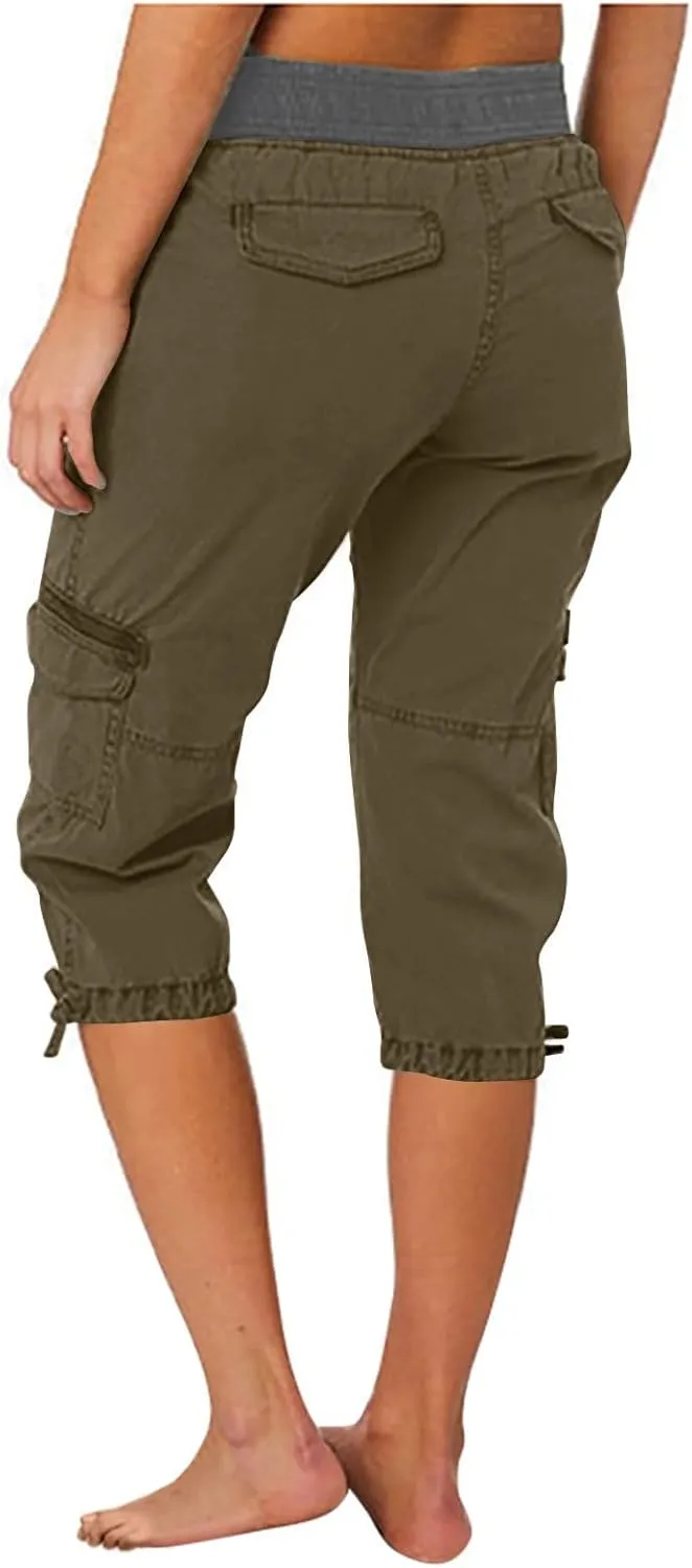 Women's Woven Cargo Capri Jogger Pants Casual Elastic Waist Cropped Pants Knee Casual Palazzo Trousers with Pockets