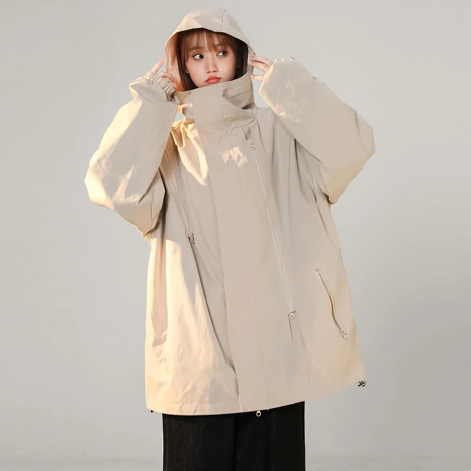 Women'sCasual Loose Zipper Hooded Jackets Fashion 2024 Solid Long Sleeve Windproof Trendy Stand Collar Jacket Coats