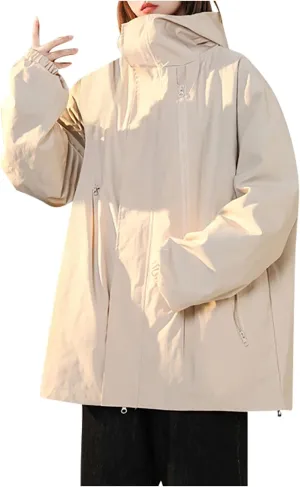 Women'sCasual Loose Zipper Hooded Jackets Fashion 2024 Solid Long Sleeve Windproof Trendy Stand Collar Jacket Coats
