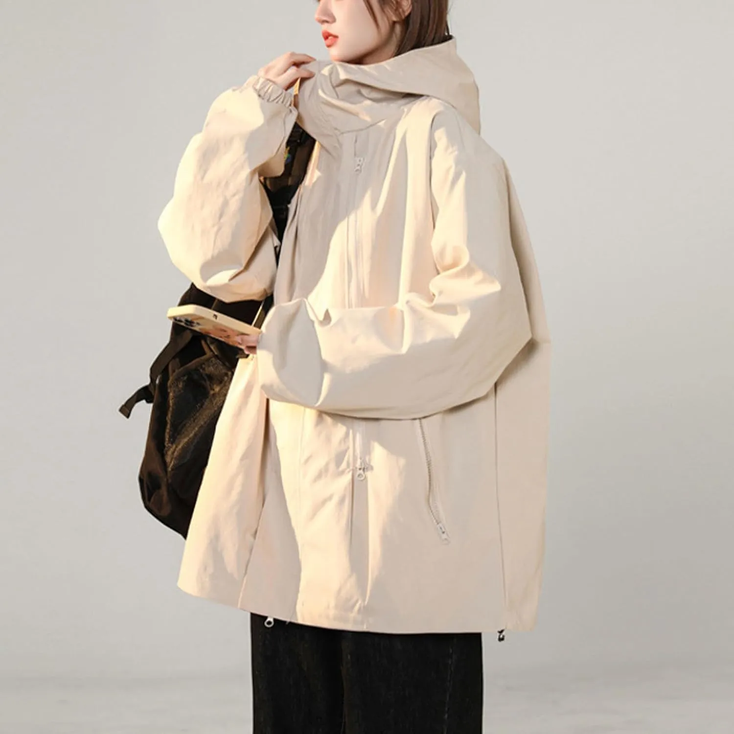 Women'sCasual Loose Zipper Hooded Jackets Fashion 2024 Solid Long Sleeve Windproof Trendy Stand Collar Jacket Coats