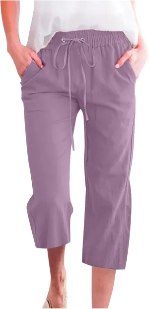 yardsong Plus Size Capris for Women Cotton Linen Blend Summer Casual Capri Pants Drawstring Elastic Waist Cropped Pants