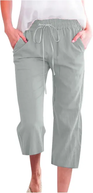 yardsong Plus Size Capris for Women Cotton Linen Blend Summer Casual Capri Pants Drawstring Elastic Waist Cropped Pants
