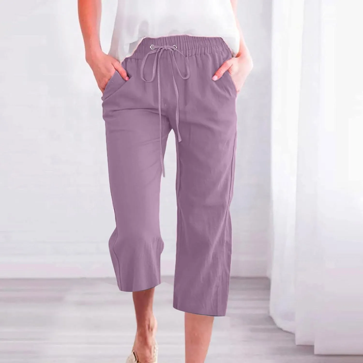 yardsong Plus Size Capris for Women Cotton Linen Blend Summer Casual Capri Pants Drawstring Elastic Waist Cropped Pants