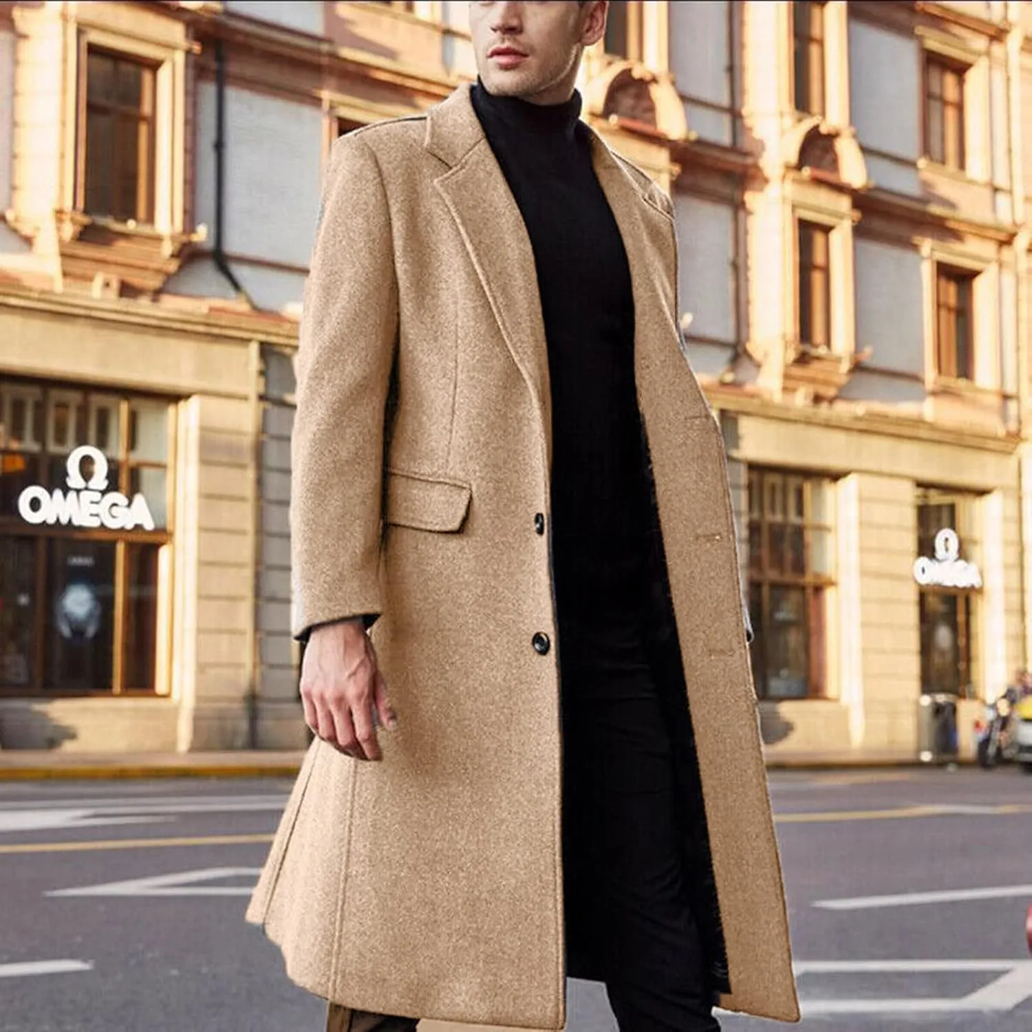 Ymosrh Mens Jackets Casual Stylish British Style Solid Color Long Coat Fashionable Warm Woolen Overcoat Jackets