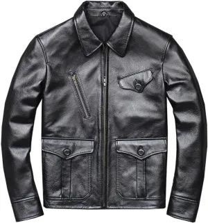 Youllyuu Men Short Lapel Leather Jacket Heavyweight Motorcycle Biker Jacket Zip-Up Slim Leather Jacket