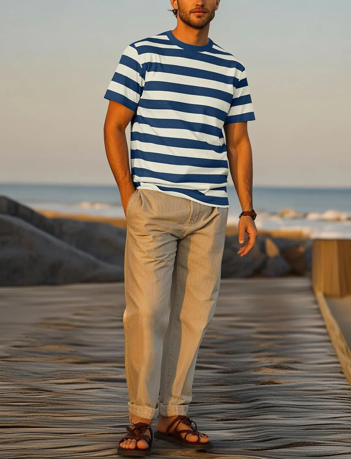 Zengjo Mens Striped Shirt Short Sleeve Crewneck Casual Tri-Blend T-Shirts Regular Fit Textured Stripe Tee