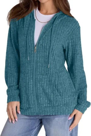 Zip Up Cardigan Sweaters for Women Winter Ribbed Knit Long Sleeve Hood Sweatshirt Jacket Casual Drawstring Jackets