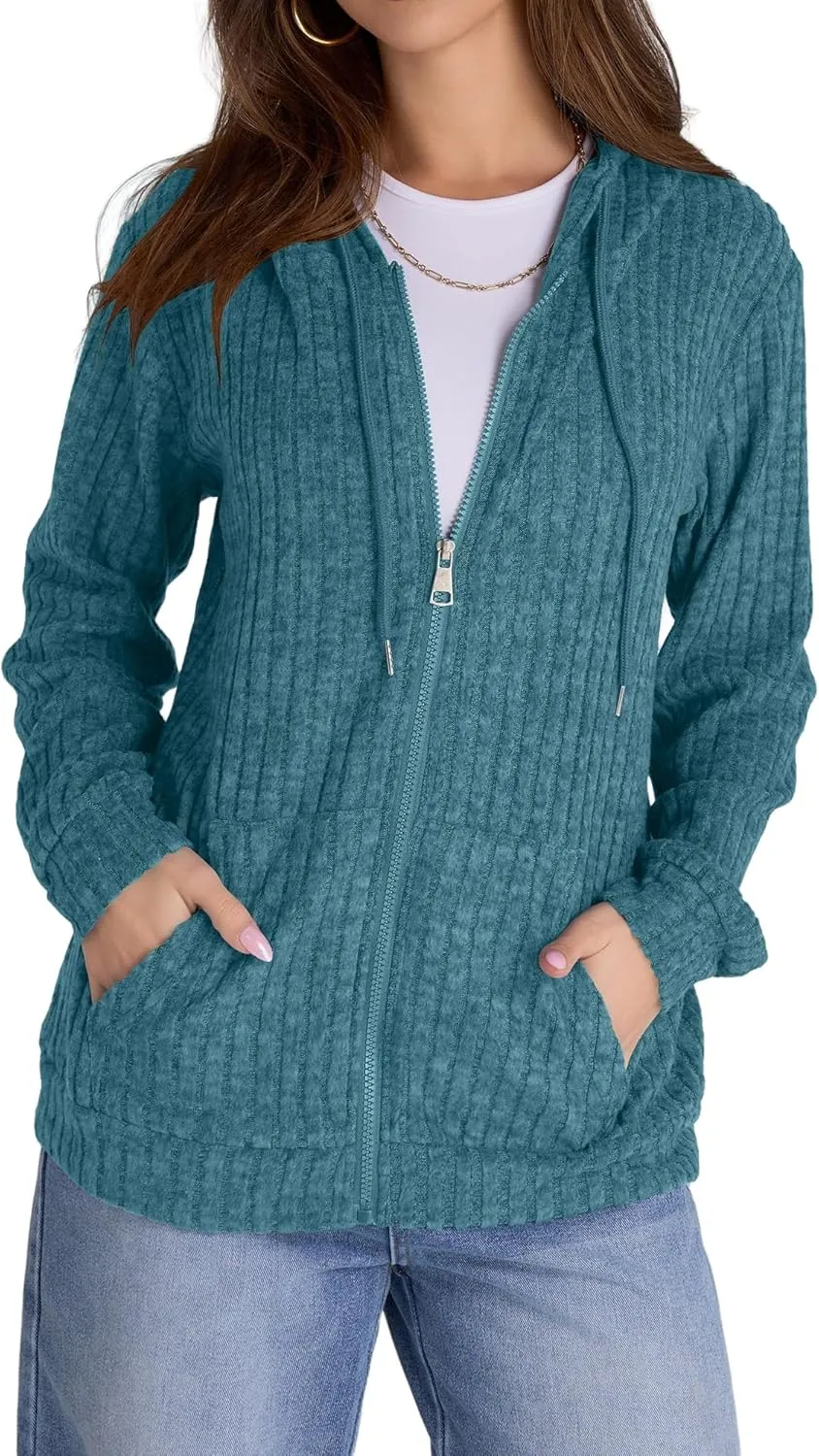 Zip Up Cardigan Sweaters for Women Winter Ribbed Knit Long Sleeve Hood Sweatshirt Jacket Casual Drawstring Jackets