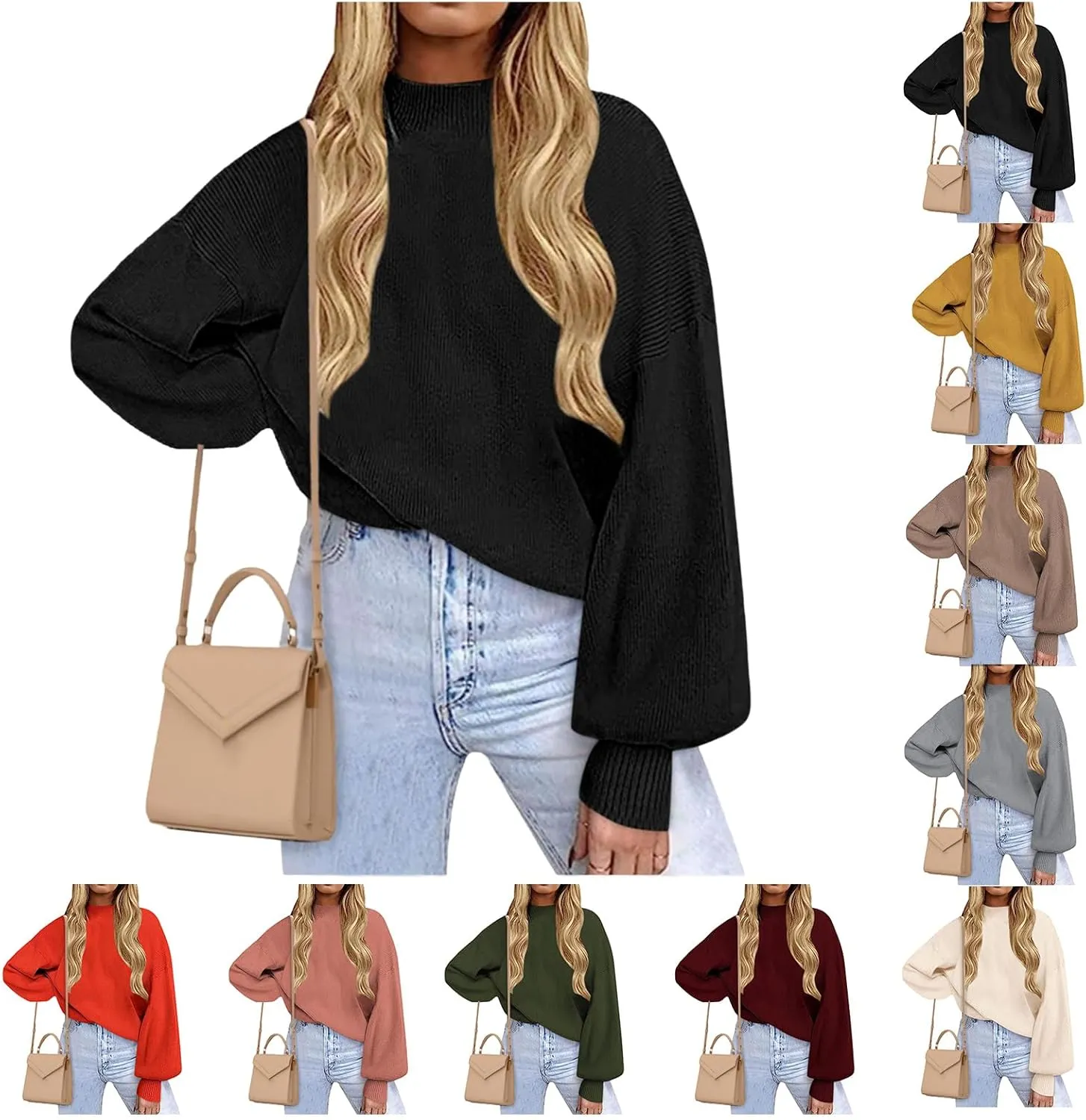 ZWRXW Women's Oversized Turtleneck Sweater Casual Lantern Long Sleeve Knitted Pullover Fall Fashion Loose Fit Jumper Tops