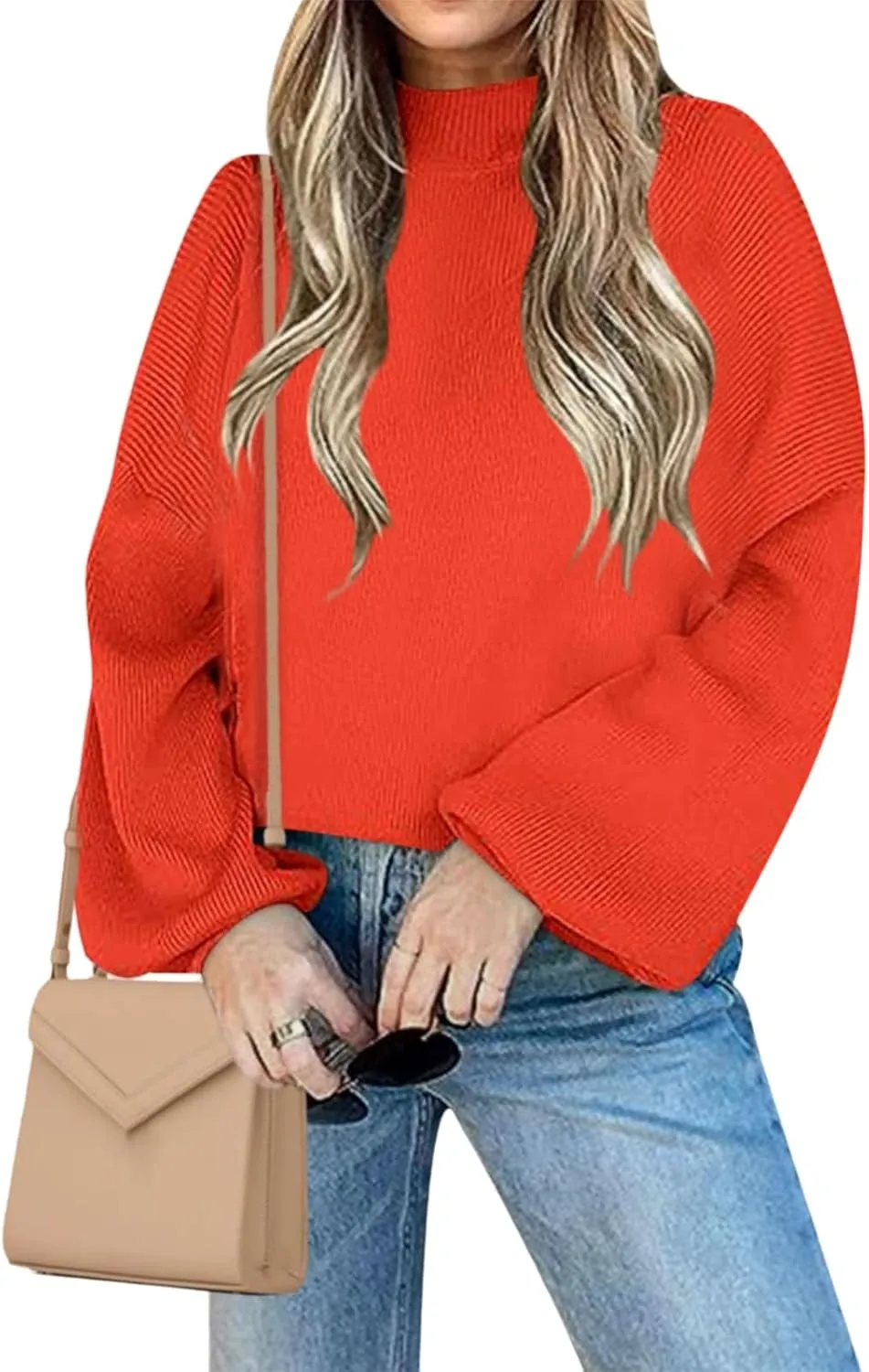 ZWRXW Women's Oversized Turtleneck Sweater Casual Lantern Long Sleeve Knitted Pullover Fall Fashion Loose Fit Jumper Tops